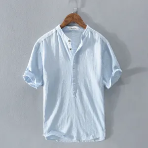 Men Fashion Simple Cotton Linen Loose Shirt Vintage Stand Collar Pullover Short Sleeve Solid Color