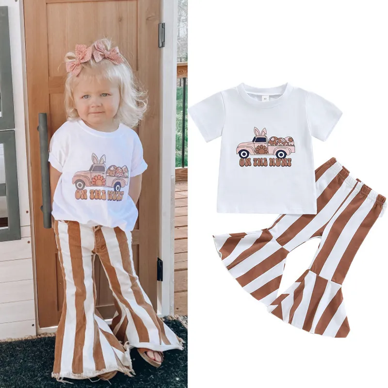 Toddlers Newborn Baby Girls Easter Round Neck Top And Stripe Flared Pants 2pcs Set