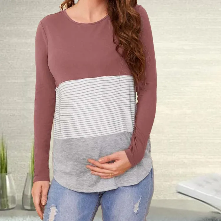Simple Breastfeeding Color Matching Long-Sleeved Maternity Top