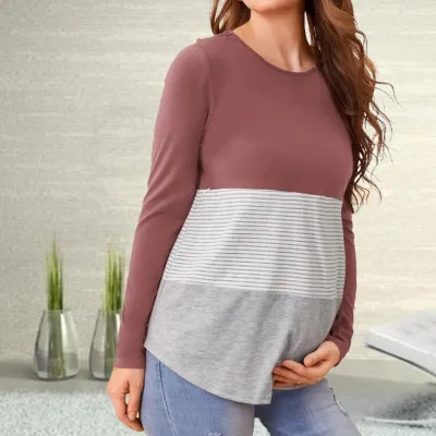 Simple Breastfeeding Color Matching Long-Sleeved Maternity Top