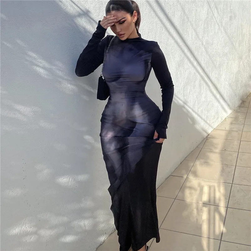 Women Sexy 3d Body Art Print Round Neck Long-Sleeved Slim Fit Tight Maxi Dress