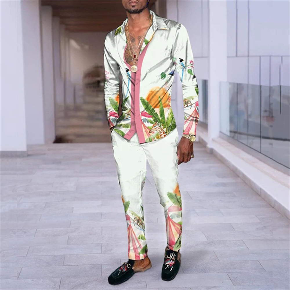 Wholesale Men Fashion Printed Long Sleeve Shirt And Pants Two-Piece Set