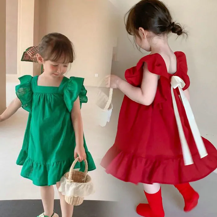 Kids Toddler Girls Sweet Ruffle Sleeve Ribbon Princess Dress Cotton