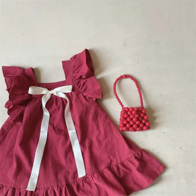 Kids Toddler Girls Sweet Ruffle Sleeve Ribbon Princess Dress Cotton