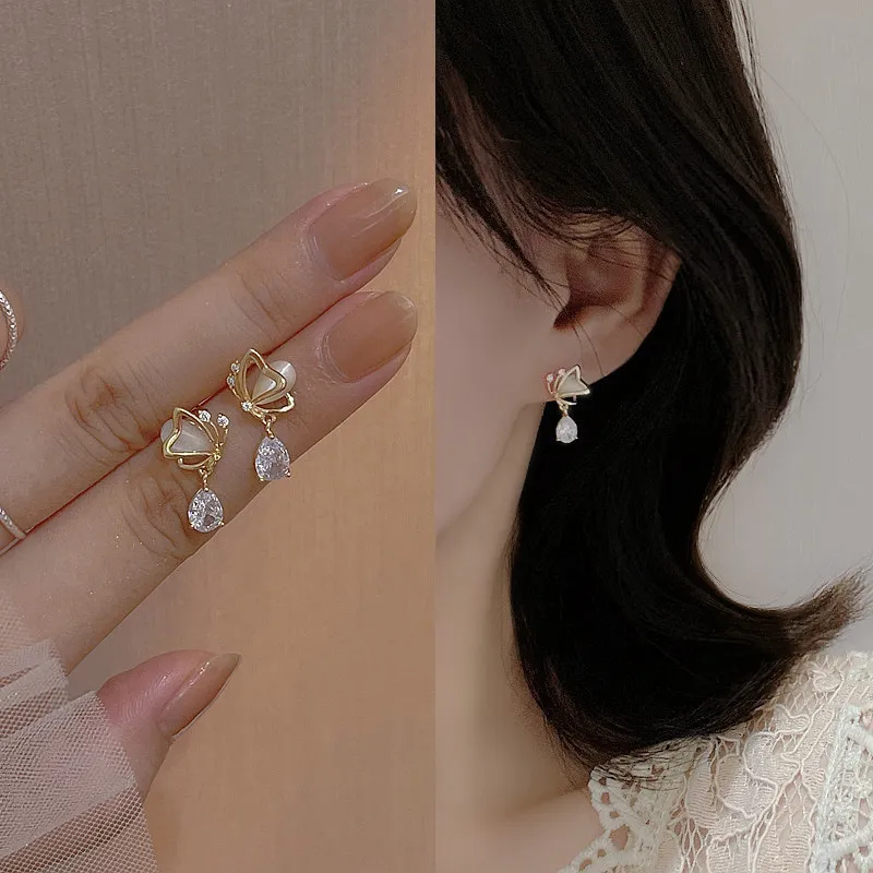 Women Fashion Simple Butterfly Zircon S925 Silver Needle Earrings
