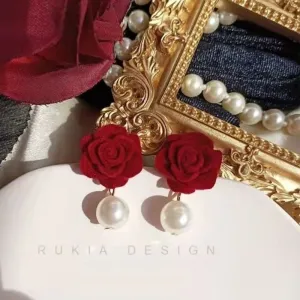 Women Handmade Red Rose Velvet Floral Retro Earrings