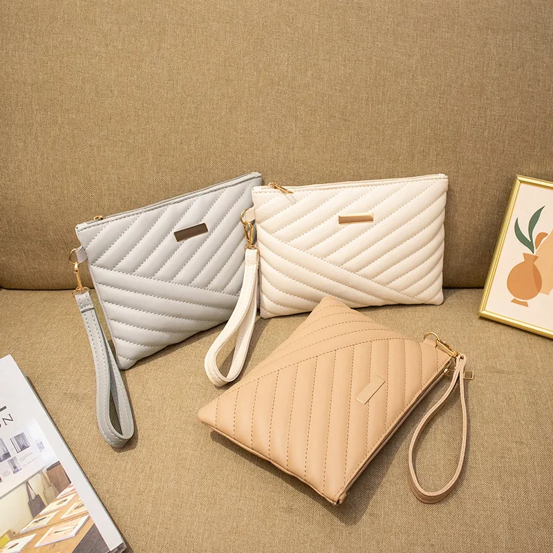 Women Fashion Solid Color Quilted PU Square Handle Strap Phone Holder Bag Clutch