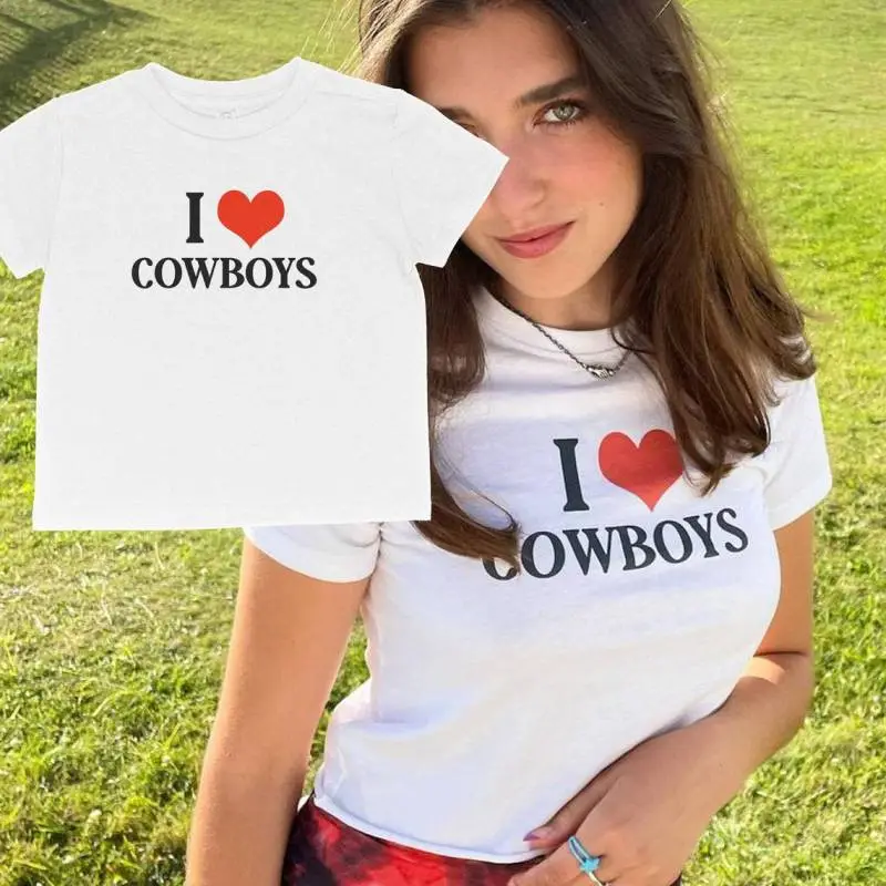 Valentine's Day I Love Cowboys Heart Letters Short-Sleeved Women Edgy Crop T-Shirt