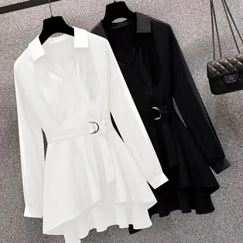 Large Size Women Casual Solid Color Long Sleeve V Neck Loose Polyester Blouse