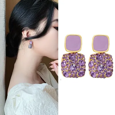 Women Simple Elegant Purple Square Alloy Earrings
