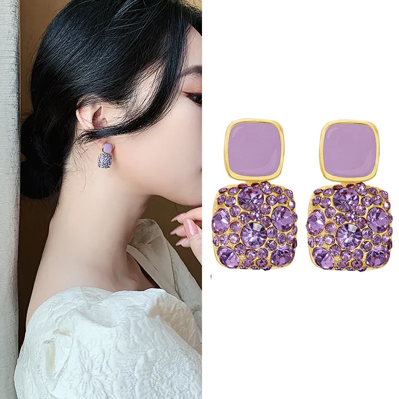 Women Simple Elegant Purple Square Alloy Earrings