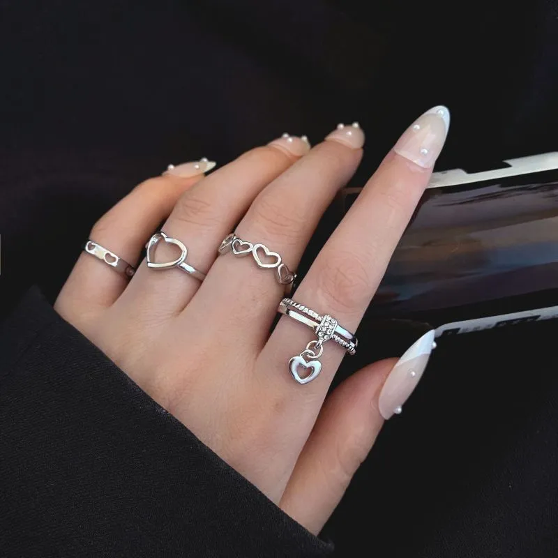 Creative Hollow Love Heart 4 Piece Set Women Simple Elegant Midi Ring