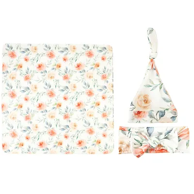 Toddlers Newborn Baby Fashion Floral Print Swaddle Blanket Wrapping Towel and Headband Hat 3pcs Set
