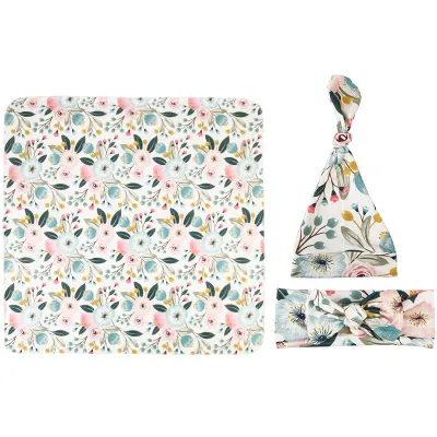 Toddlers Newborn Baby Fashion Floral Print Swaddle Blanket Wrapping Towel and Headband Hat 3pcs Set