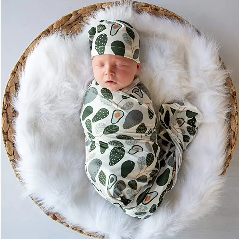 Toddlers Newborn Baby Fashion Floral Print Swaddle Blanket Wrapping Towel and Headband Hat 3pcs Set