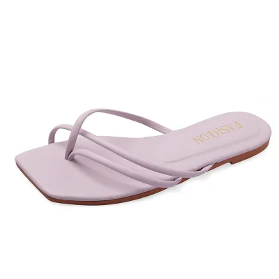 Summer Fashion Solid Color Square Toe Casual Flat Pu Slippers Plus Size