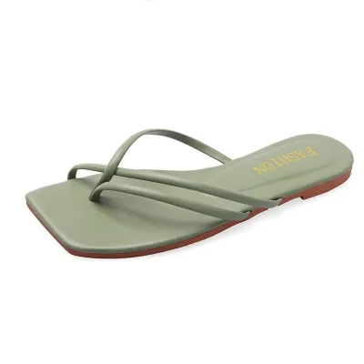 Summer Fashion Solid Color Square Toe Casual Flat Pu Slippers Plus Size