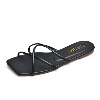 Women Casual Summer Solid Color Slim Strap Pu Square Toe Flat Slippers Plus Size