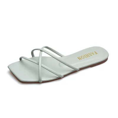Women Casual Summer Solid Color Slim Strap Pu Square Toe Flat Slippers Plus Size