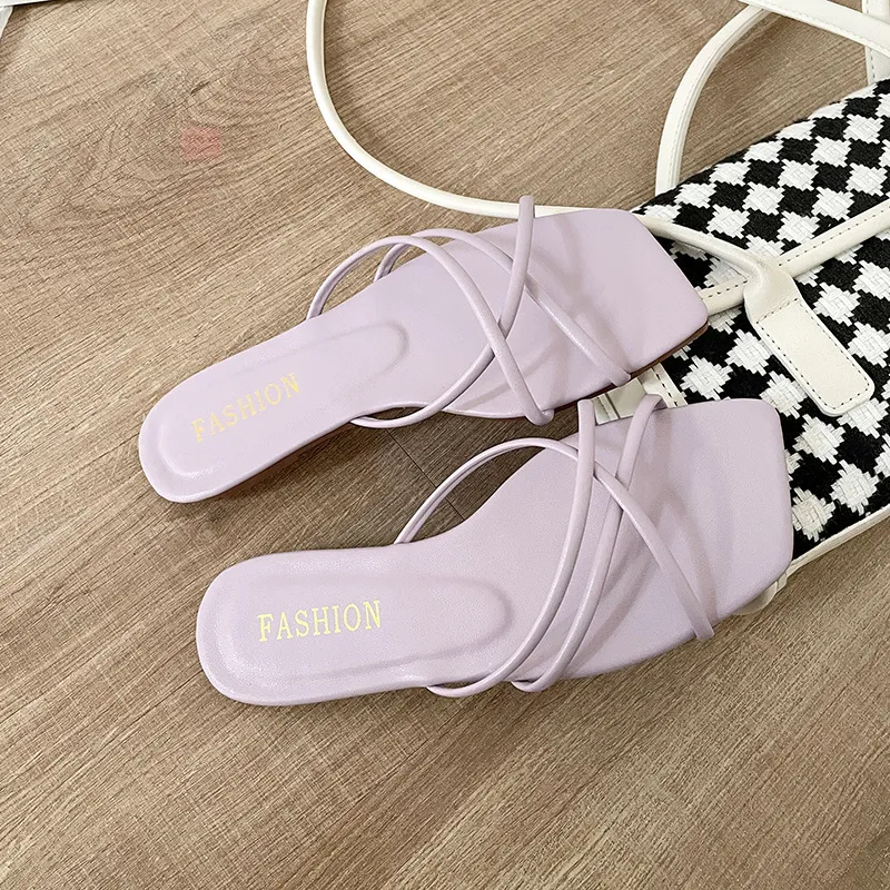 Women Casual Summer Solid Color Slim Strap Pu Square Toe Flat Slippers Plus Size