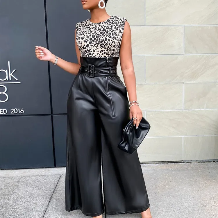 Women High Waist Pu Leather Wide Leg Pants Commuter Style