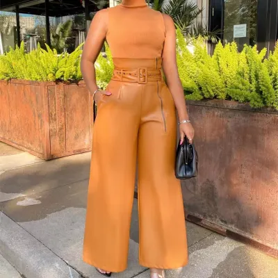 Women High Waist Pu Leather Wide Leg Pants Commuter Style