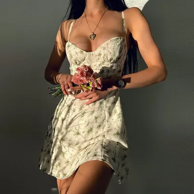 Summer Tiny Flower Print Sweet Women Spaghetti Strap Dress