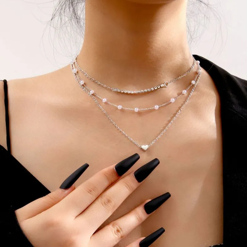 Women's Fashion Heart Diamond Pearl Three Layer Necklace
