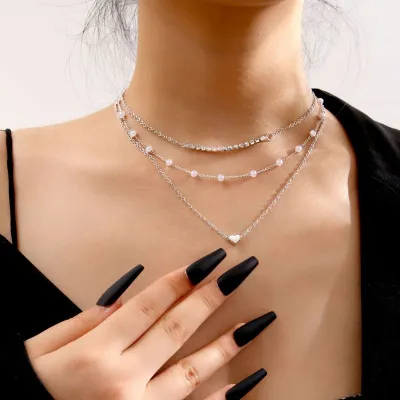 Women's Fashion Heart Diamond Pearl Three Layer Necklace