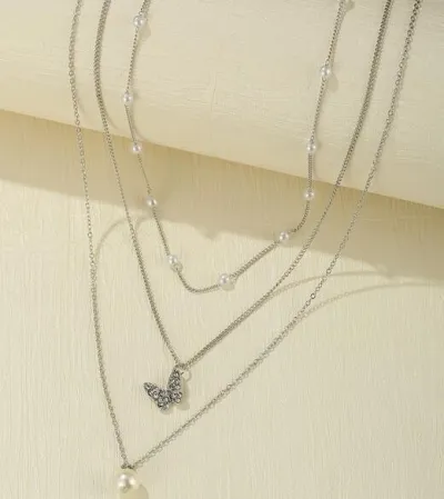 Women's Vintage Multi Layered Butterfly Pearl Pendant Necklace