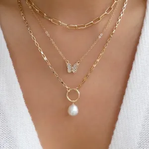 Women's Vintage Multi Layered Butterfly Pearl Pendant Necklace