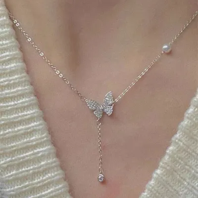 Women's Fashion Butterfly Pendant Necklace with Artificial Crystal and Alloy Water Wave Chain