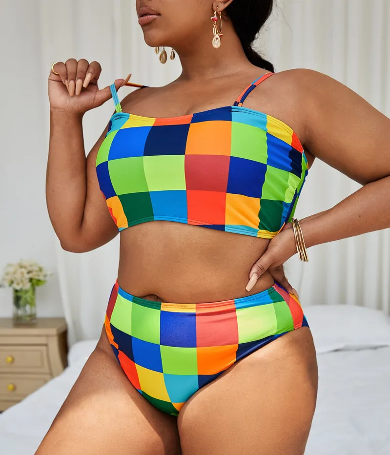 Women Color Blocking Plaid Print Large Size Split Bikini Beach Tankini