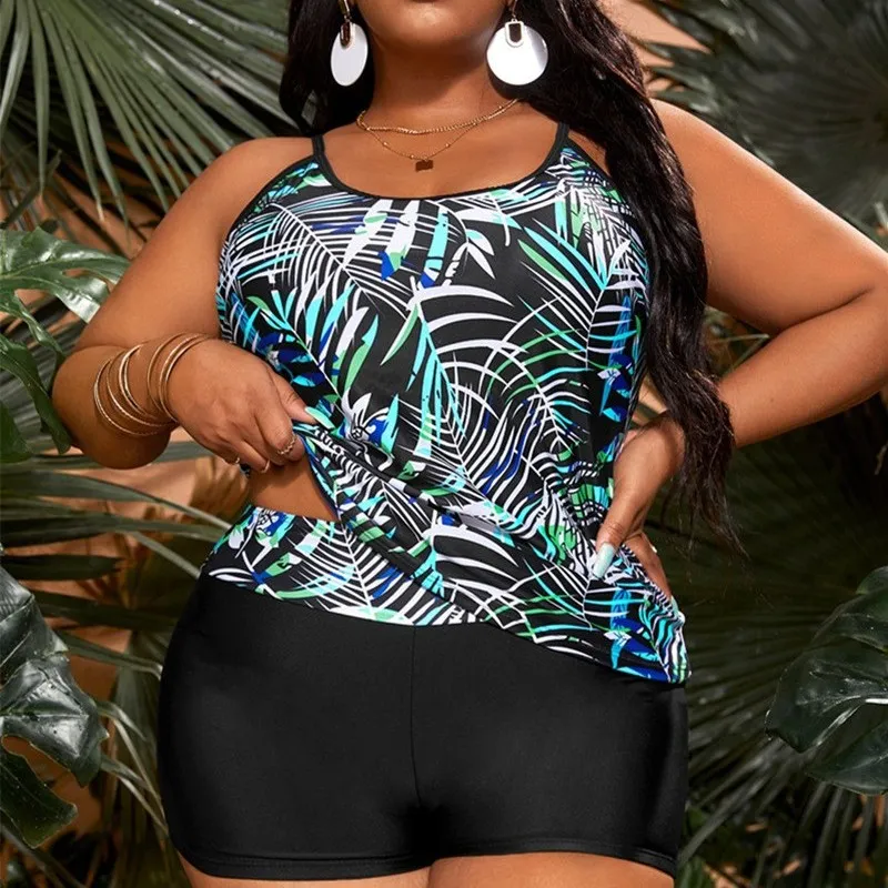 Conservative Women Plus Size Leaf Printed Tankini Swimsuit