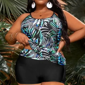 Conservative Women Plus Size Leaf Printed Tankini Swimsuit