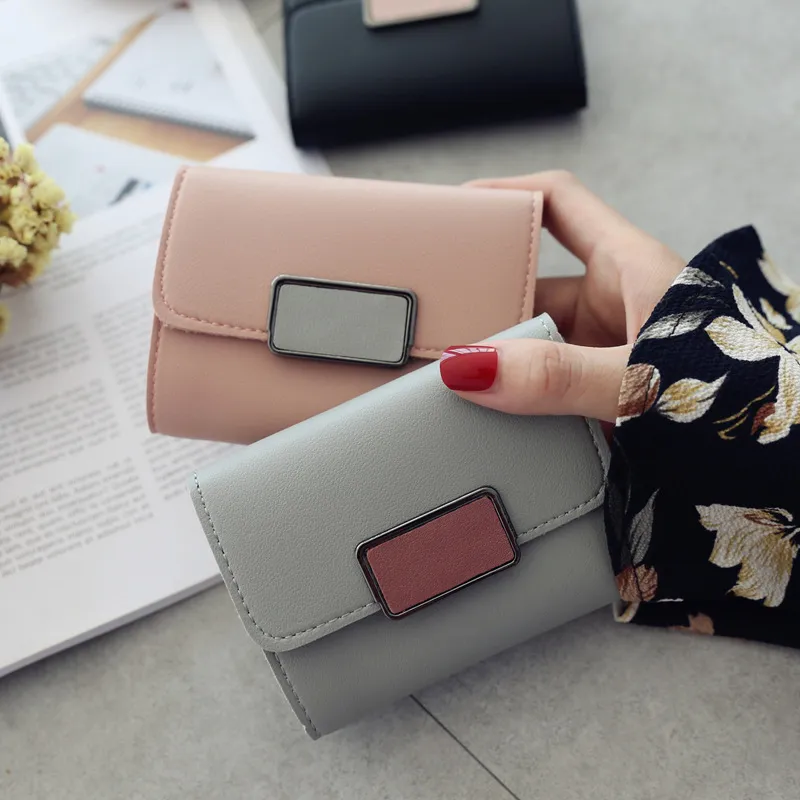 Women Fashion Stitching Contrast Color Retro PU Leather Wallet Short 3 Fold