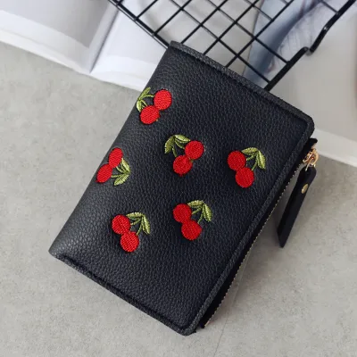Women Fashion Cherry Embroidery Compact PU Leather Wallet
