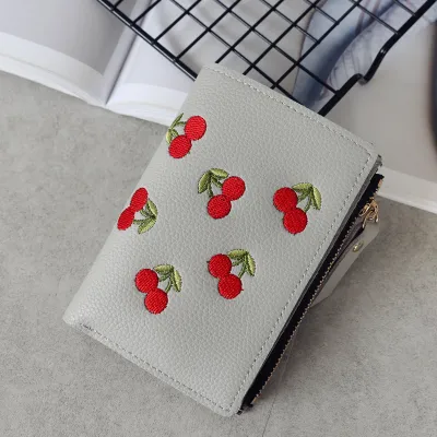 Women Fashion Cherry Embroidery Compact PU Leather Wallet