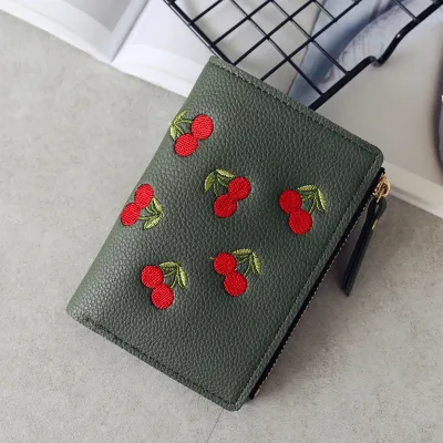Women Fashion Cherry Embroidery Compact PU Leather Wallet