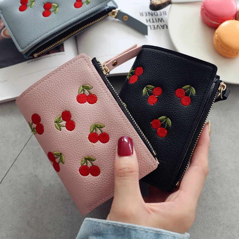 Women Fashion Cherry Embroidery Compact PU Leather Wallet