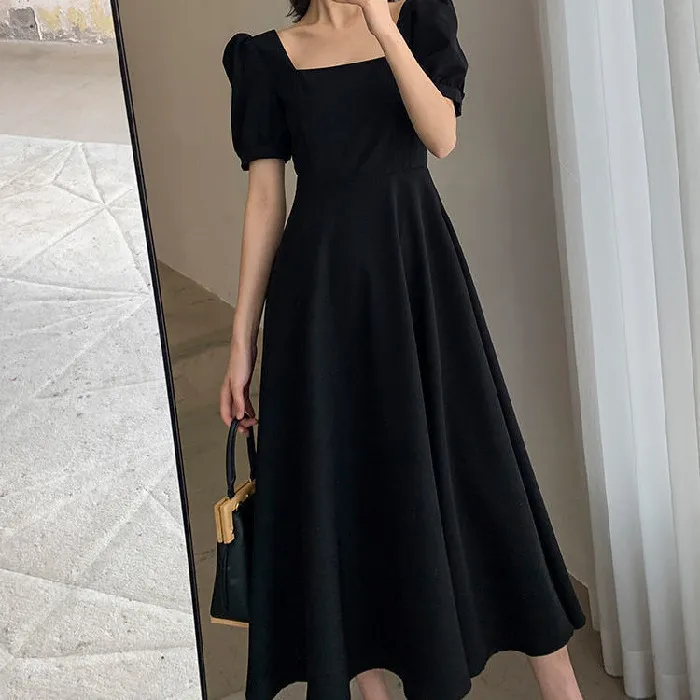 Elegant Women Fashion Black Square Neck Short Sleeve Swing Midi Dress