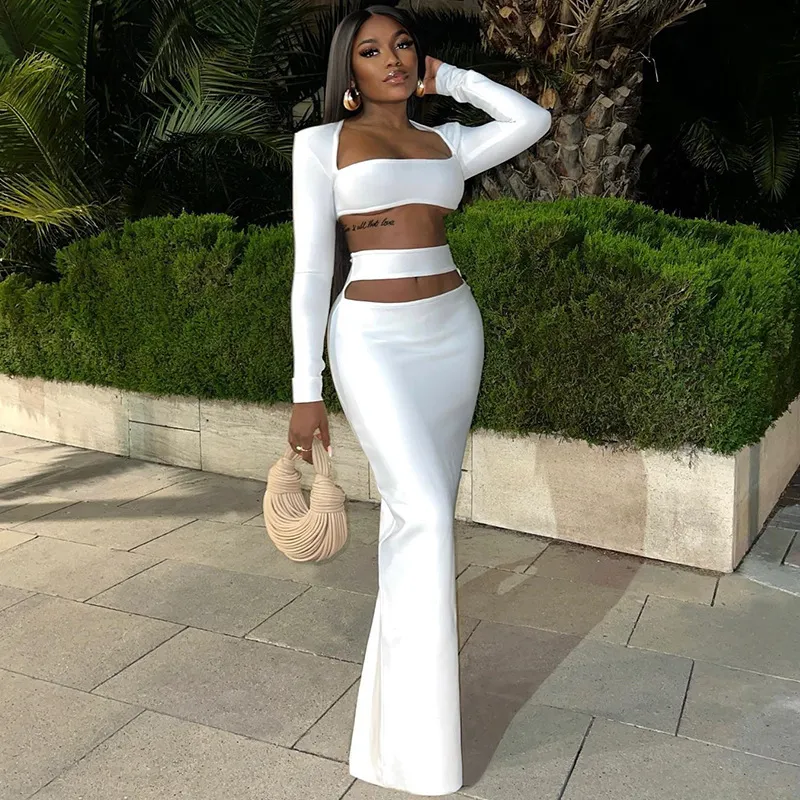 Women Solid Color Fashion Elegant Long-Sleeved Crop Top Cut Out Skirt Set