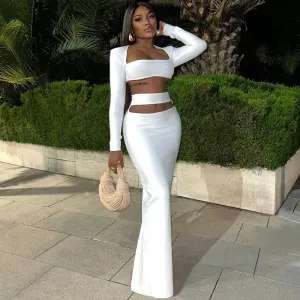 Women Solid Color Fashion Elegant Long-Sleeved Crop Top Cut Out Skirt Set