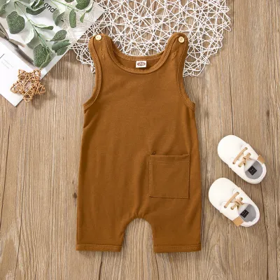Toddlers Baby Boys Girls Solid Color Sleeveless Cotton Pocket Romper Pullover