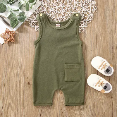 Toddlers Baby Boys Girls Solid Color Sleeveless Cotton Pocket Romper Pullover