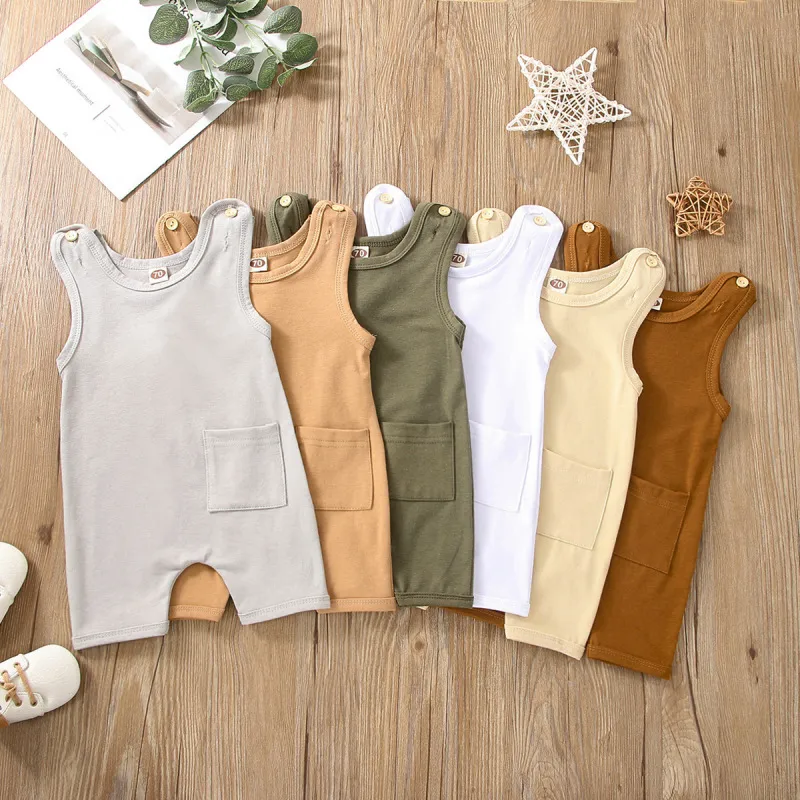 Toddlers Baby Boys Girls Solid Color Sleeveless Cotton Pocket Romper Pullover
