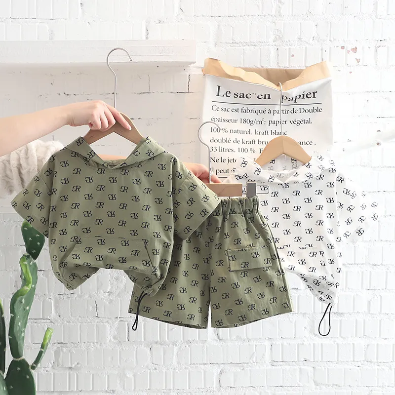 Toddlers Newborn Baby Fashion Boys Short Sleeve Letter Print Hoodie And Shorts 2pcs Cotton Set