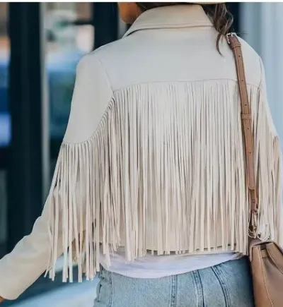 Women Vintage Long Sleeve Solid Color Tassel Suede Lapel Crop Jacket Coat