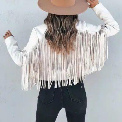 Women Vintage Long Sleeve Solid Color Tassel Suede Lapel Crop Jacket Coat