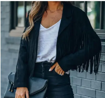 Women Vintage Long Sleeve Solid Color Tassel Suede Lapel Crop Jacket Coat